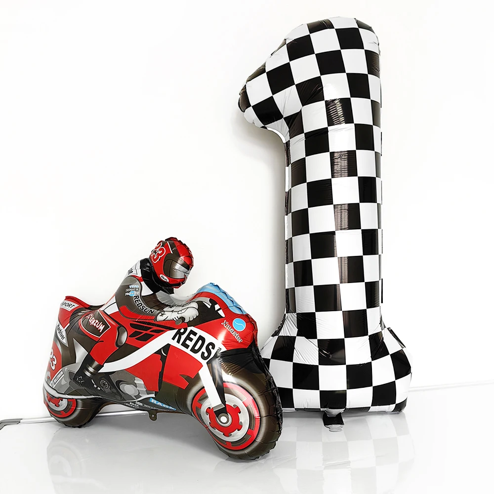 2Pcs Motorcycle Balloon Dirt Bike Foil Balloon Black and White Checkered Number Ballons Motorbike Birthday Racing Party Supplies