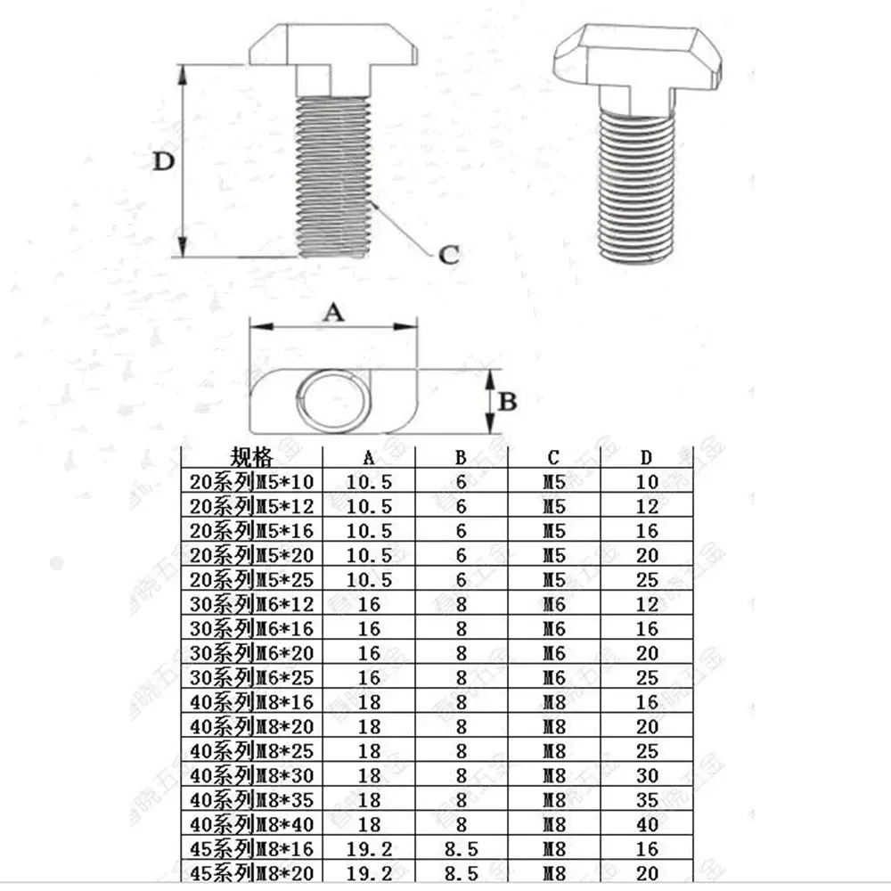 10pcs 4040 M8 16mm/20mm/25mm/30mm/35mm/40mm Hammer Head T Bolt Screw Nickel Plated For  series 40 X40  Aluminum Profile