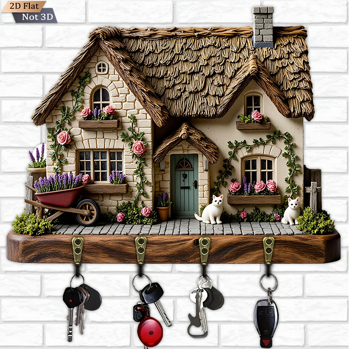2D Flat, 1pc, Flower Vine Double Cat Thatched House Key Hook Wooden Multifunctional Home Key Hanger with Four Metal Hooks, Wall