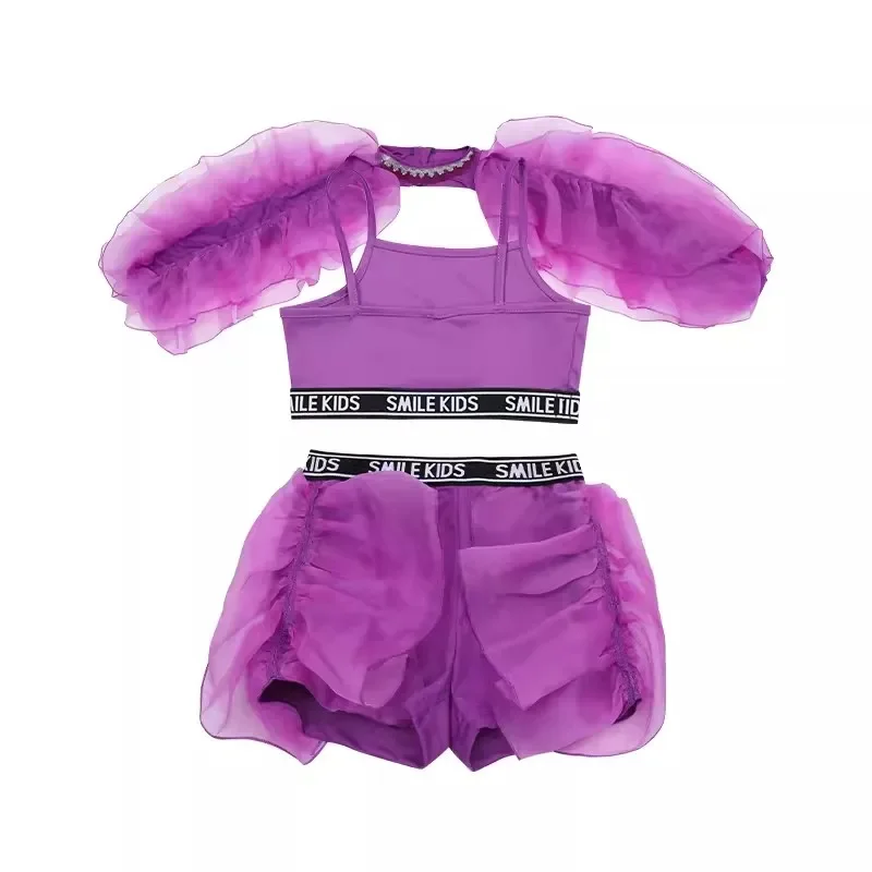 Dance Clothes Concert Stage Performance Wear 2023 New Girls Jazz Dance Costume Purple Fluffy Sleeves Suit Kids Hip Hop