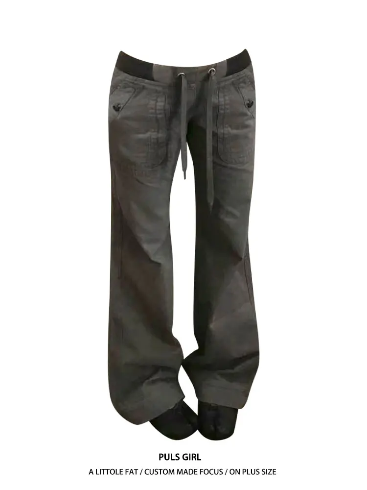 Low Waist Bell Bottom Denim Jeans Women's plus Size Washed Tie Design American Retro Style Casual Loose Fit Long Pants