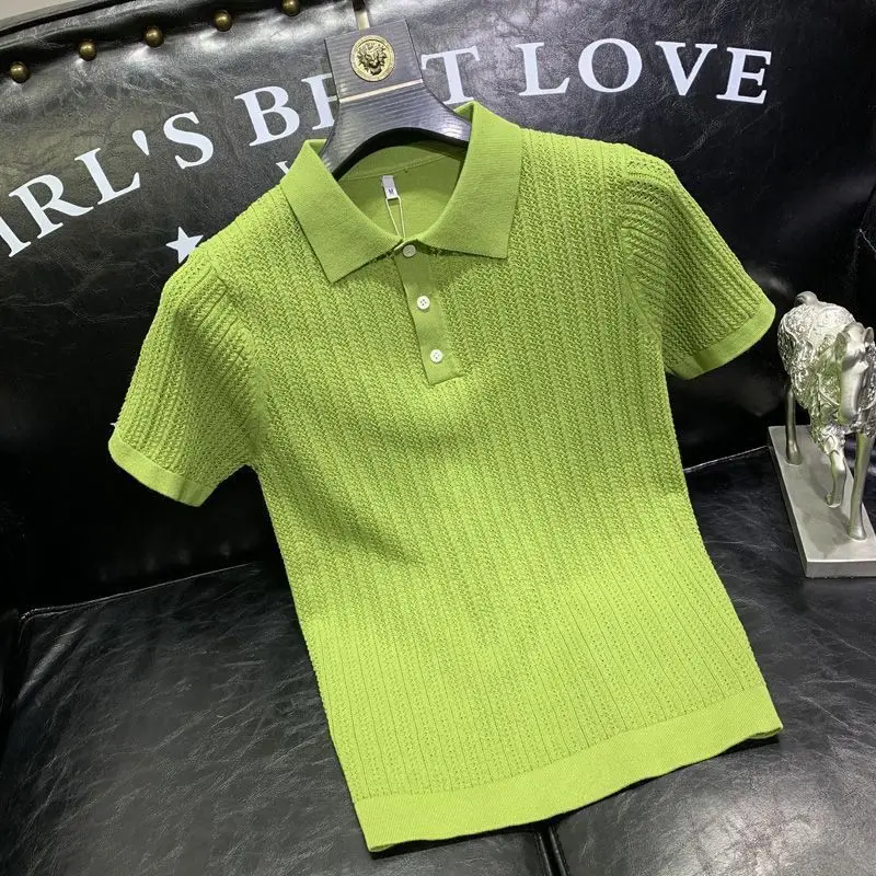 Solid Color Hollow Ice Silk Short-sleeved POLO Shirt Men's Summer Slim Fashionable Trendy Lapel T-shirt Casual and Breathable