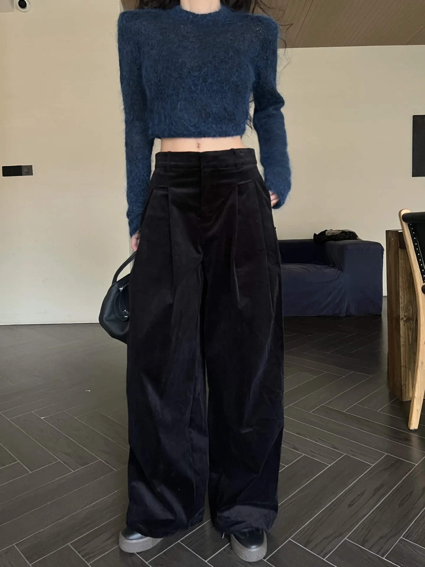 2024 Spring Autumn New Women Maillard Retro Casual Pants Pleated High Waisted Street Chic baggey Corduroy Wide Leg Long Trousers