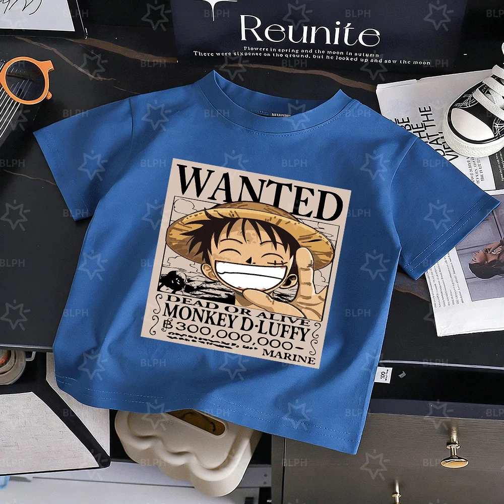 One Piece Luffy Wanted Poster Kids T-Shirt, Cute Cartoon Graphic Tee for Boys Girls, Soft Cotton Short Sleeve T-Shirt for Casual