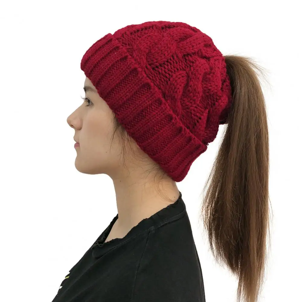 

Winter Hat Knitted Thick Elastic Anti-slip Warm Cold-proof Ear Protection Cutout Ponytail Hole Soft Twist Texture Beanie