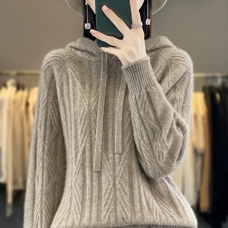 Women\'s 100% Wool Cashmere Hooded Sweater Casual Knitting High-end Autumn and Winter Women\'s Pure Wool Sweater Pullover