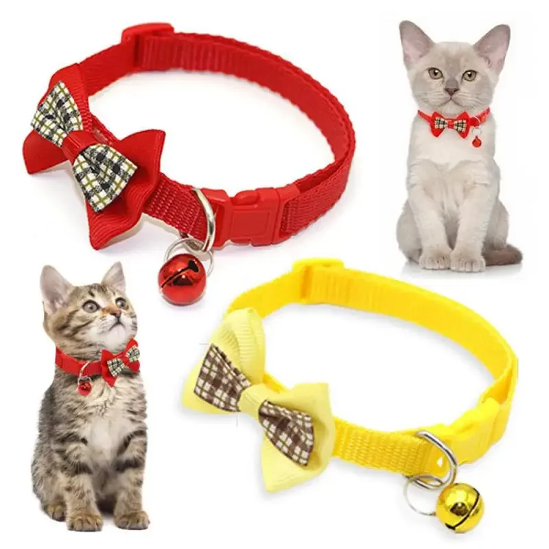 Pet Breakaway Cat Collar Bow Tie And Bell Cute Plaid Christmas Red Elastic Adjustable Dog Collar With Sash Small Bell For Cats