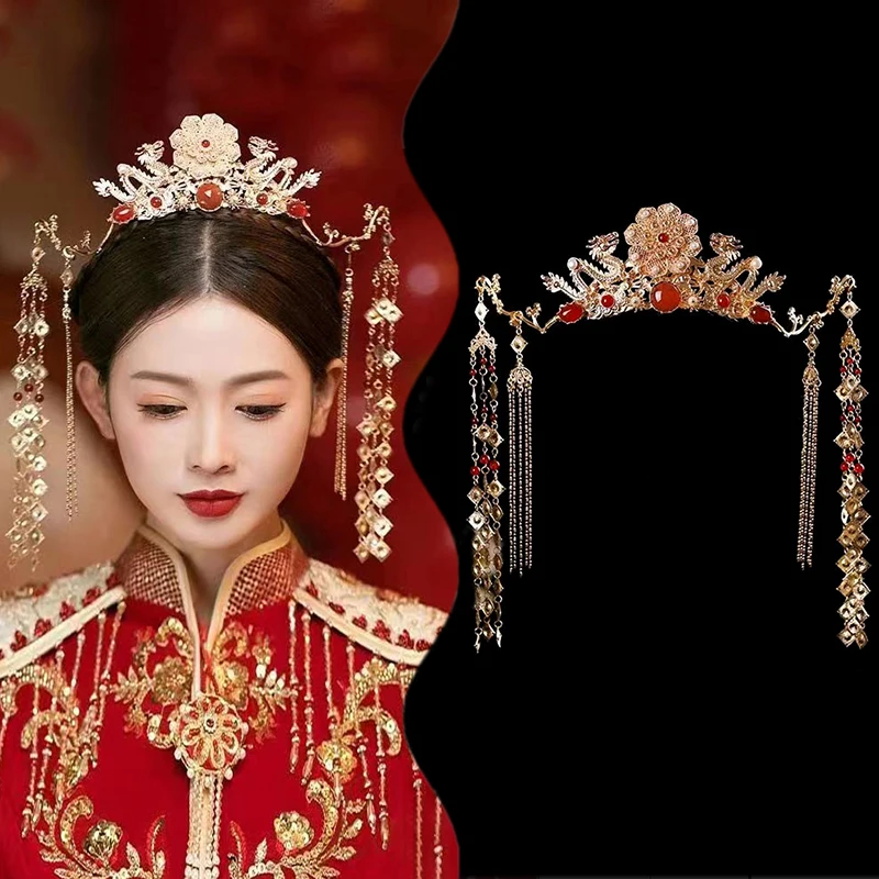 New#Tassel Headband Hanfu Hair Accessories Crowns Tiaras Wedding Party Bridal Headpiece For Xiuhe Dress