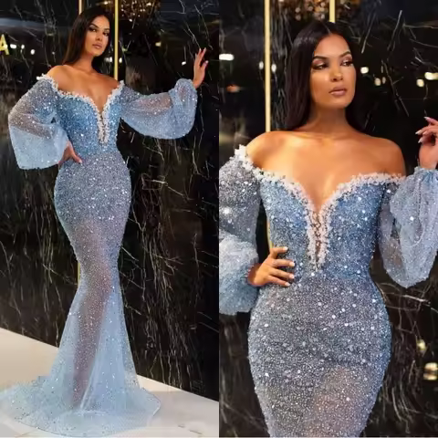 Sky Blue Sprinkled Gold V-neck Perspective Lantern Sleeve Fishtail Skirt Sequined Decorative Slim-fitting Evening Dress Dress