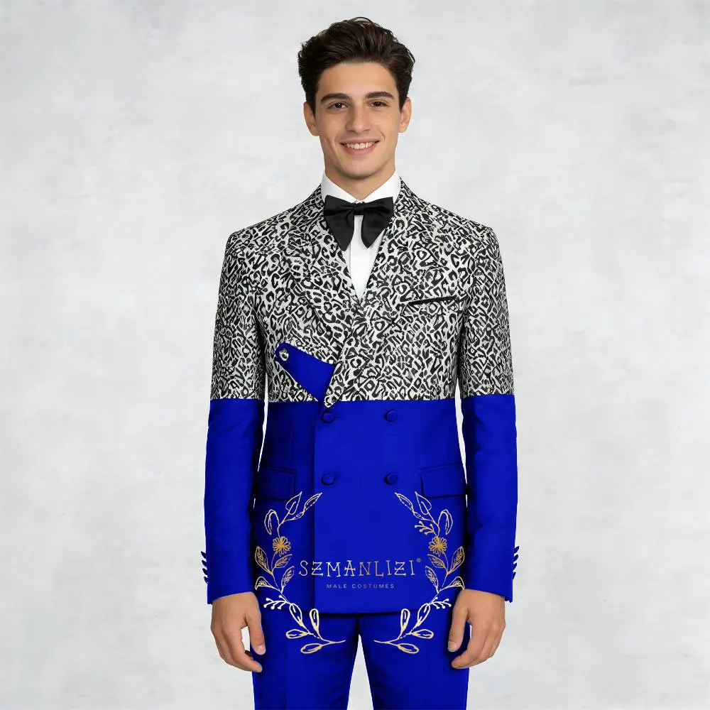 Luxury Leopard Black Double Breasted Men's Suits Slim Fit Peaked Lapel Groom Wedding Tuxedos Male Prom Blazers 2 Pieces Sets