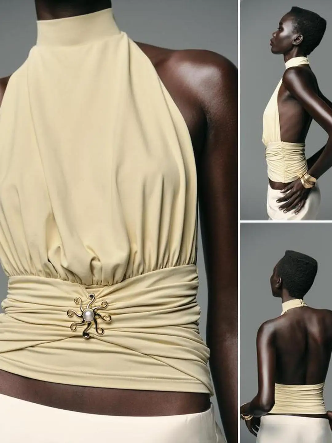 بلوزة معدنية مزخرفة بياقة على شكل قرد الشمس مع طيات شماعات من النايلين بطول ort Cleanfit Sle للنساء