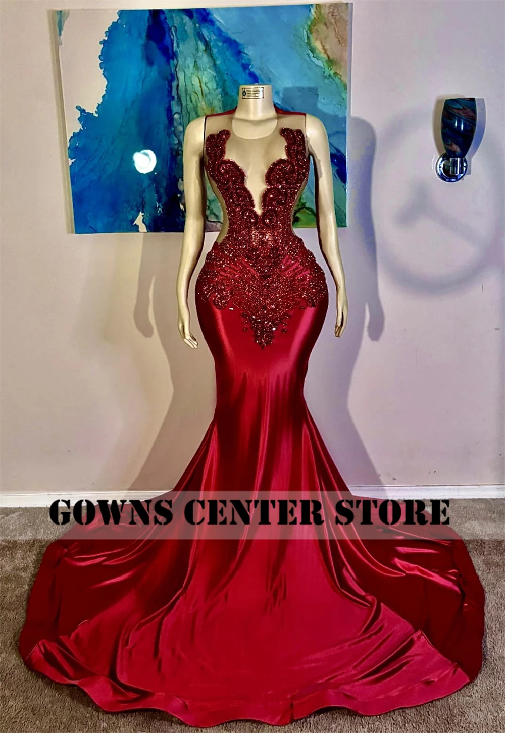 Amazing Red Rhinestones Prom Dresses Blacksirl See Thru Crystal African Birthday Dresses Evening Formal Dress Customized