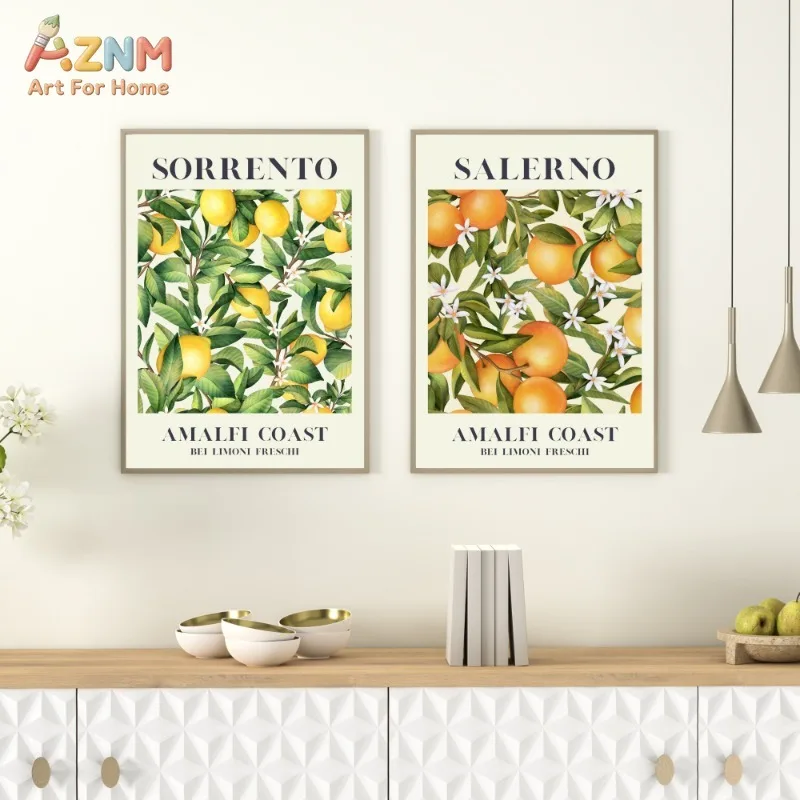 AZNM Amalfi Coast Fruit Market Canvas Wall Art Lemon Orange Peach Vintage Travel Poster Frameless Canvas Painting Home Decor Pos