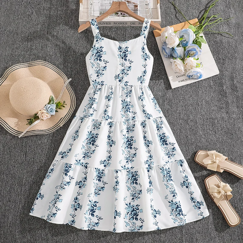 Girls Sleeveless Floral Sundress Lightweight Printed Cami Dress for Beach Picnic Casual Outings 8-12 Years