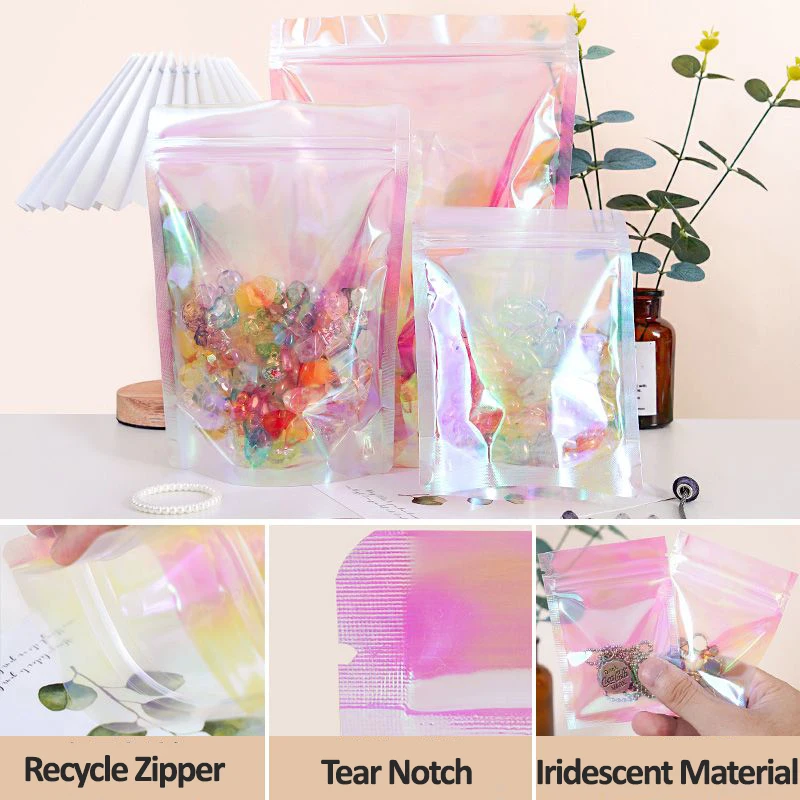 Pink Stand Up Holographic Zip Lock Bag Iridescent Laser Heat Sealing Cosmetic Jewelry Snacks Cereals Candy Gifts Package Pouches