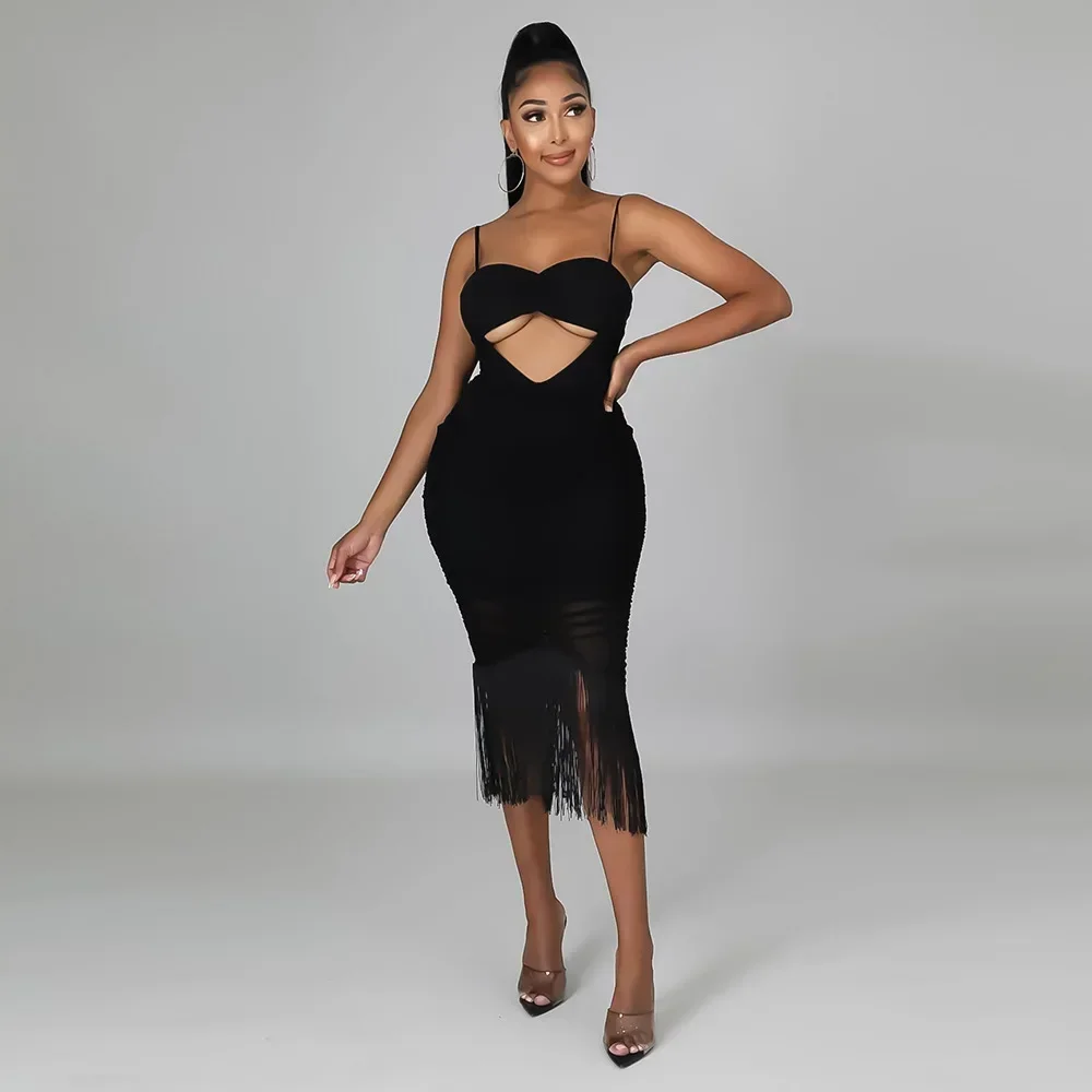 

2025 Summer Women's Sexy Gauze Patchwork Pleated Tassel Bodycon Party Dresses Hollow Night Club Tight Mujer Vestido Plus Size