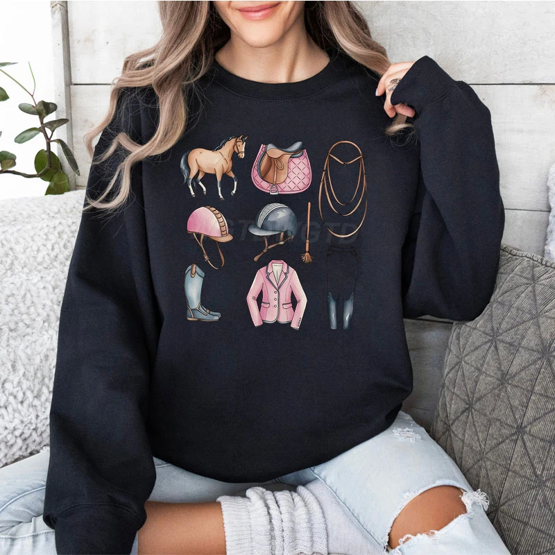 Woman Clothing Horse Lover Vintage Retro Sweatshirts Gift for Horse Owner Classic Tops Cowgirl Cartoon Classic Sweatshirt Jumper