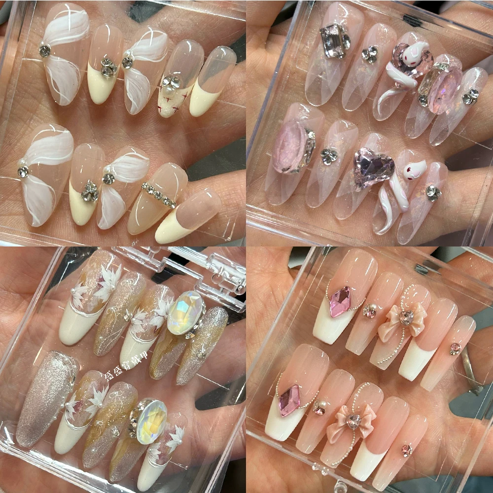 

Beautiful Fashion Long Coffin Stiletto Reusable Full Cover Nail Rhinestone Flowers Bowknot Pearl Handmade French False Nail