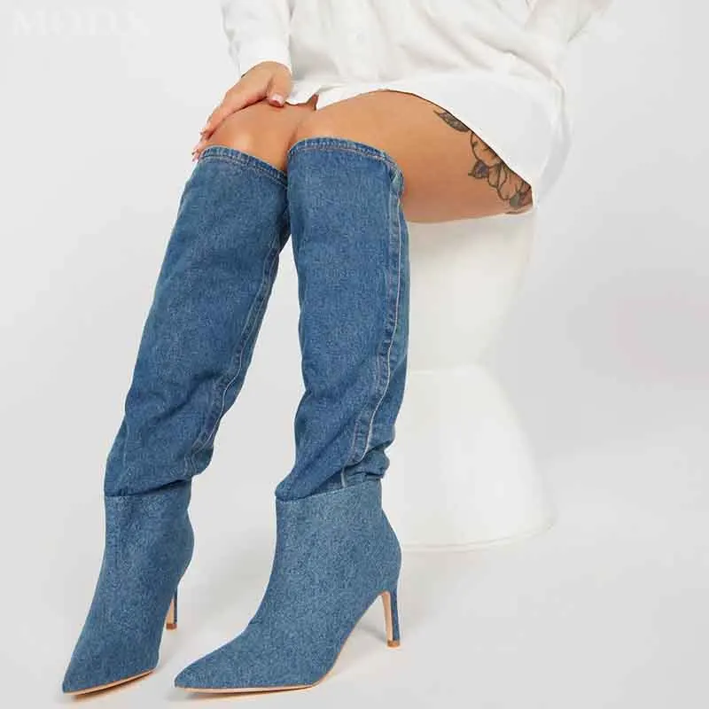 

Denim Slip-on Long Boots Women Pointed Toe Stiletto Spliced Stacked Boots Fashion All-match Fall Winter Retro Runway High Heels