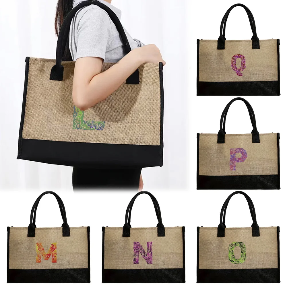 Reusable Shopping Bags Imitation Sacks Handbag Large Capacity Vintage Jute Bag Grocery Organizers for Women Engrave Image Series