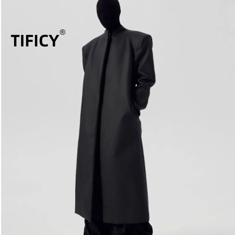 

High Street Dark Black Long Coats Men's Matte Coated Black Silhouette Shoulder Pads Long Black Windbreaker Trench