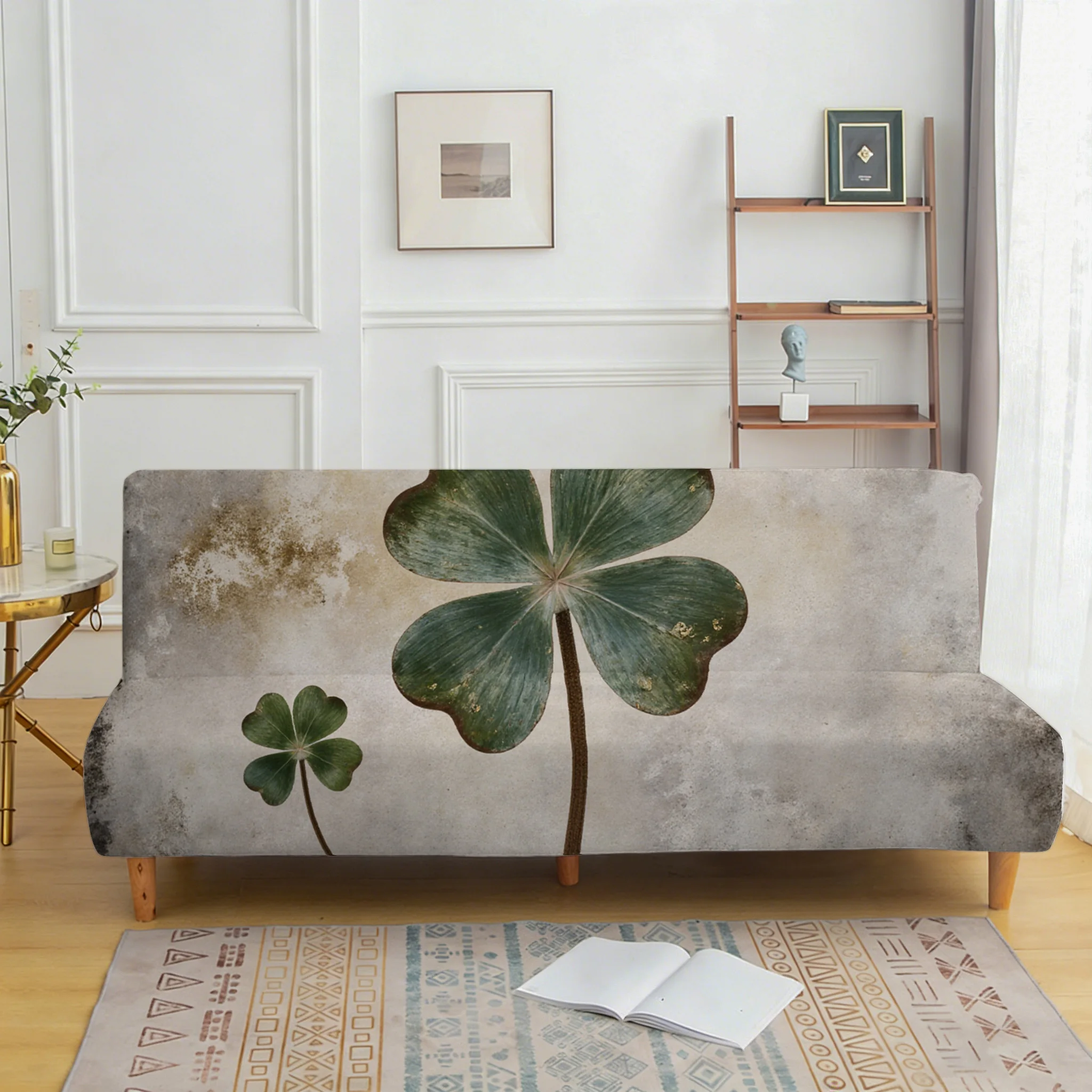 Dilapidated four-leaf clover elastic sofa bed cover, living room sofa bed cover, dustproof machine washable sofa bed cover