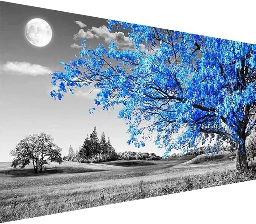 Vibrant Blue Spring Blossom Tree Moonlight Tapestry Wall Decor Art Landscape Print for Living Room Home Decoration