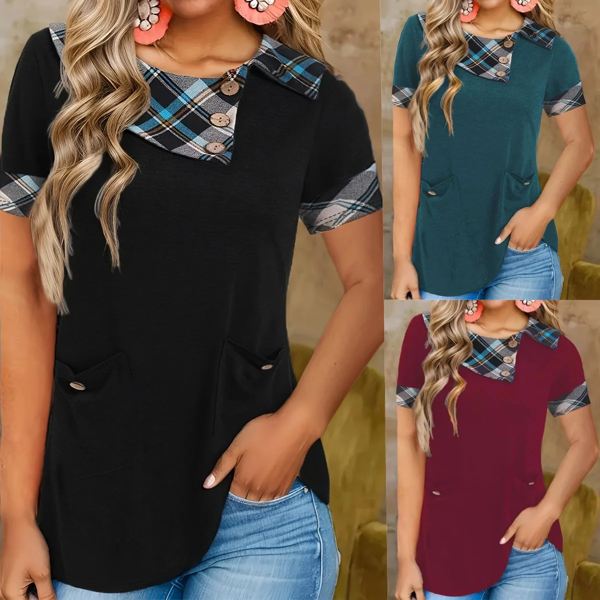 

Women Summer Large Size Plaid Patchwork Contrasting Colors T-shirt Round Neck Pocket Short Sleeved Casual Affordable T-shirt