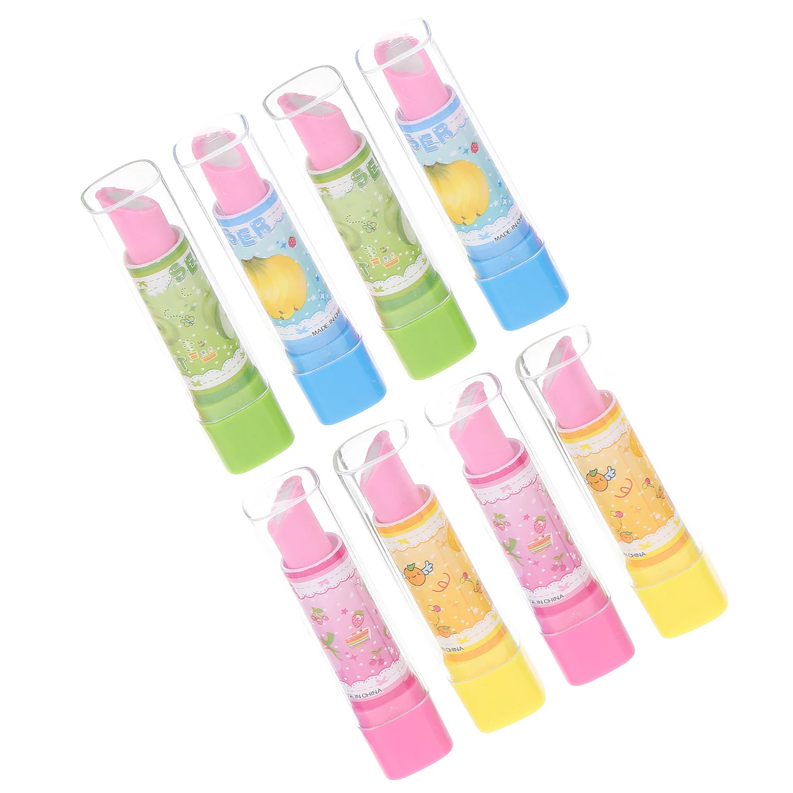 

8Pcs Lipstick Eraser Creative Fruit Pattern Stationery Students Cartoon Novelty Gift Lipstick Eraser Stationery
