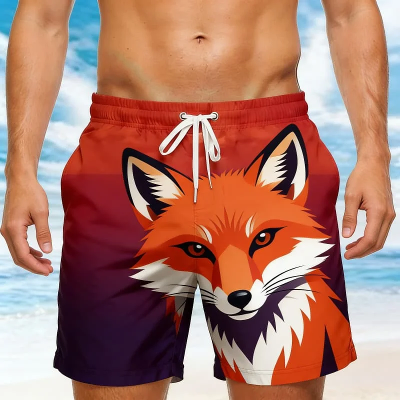 Men's Casual Cute Animal Print Beach Shorts - Fox Panda Cat Dolphin Penguin Print Casual Shorts For Summer Vacation