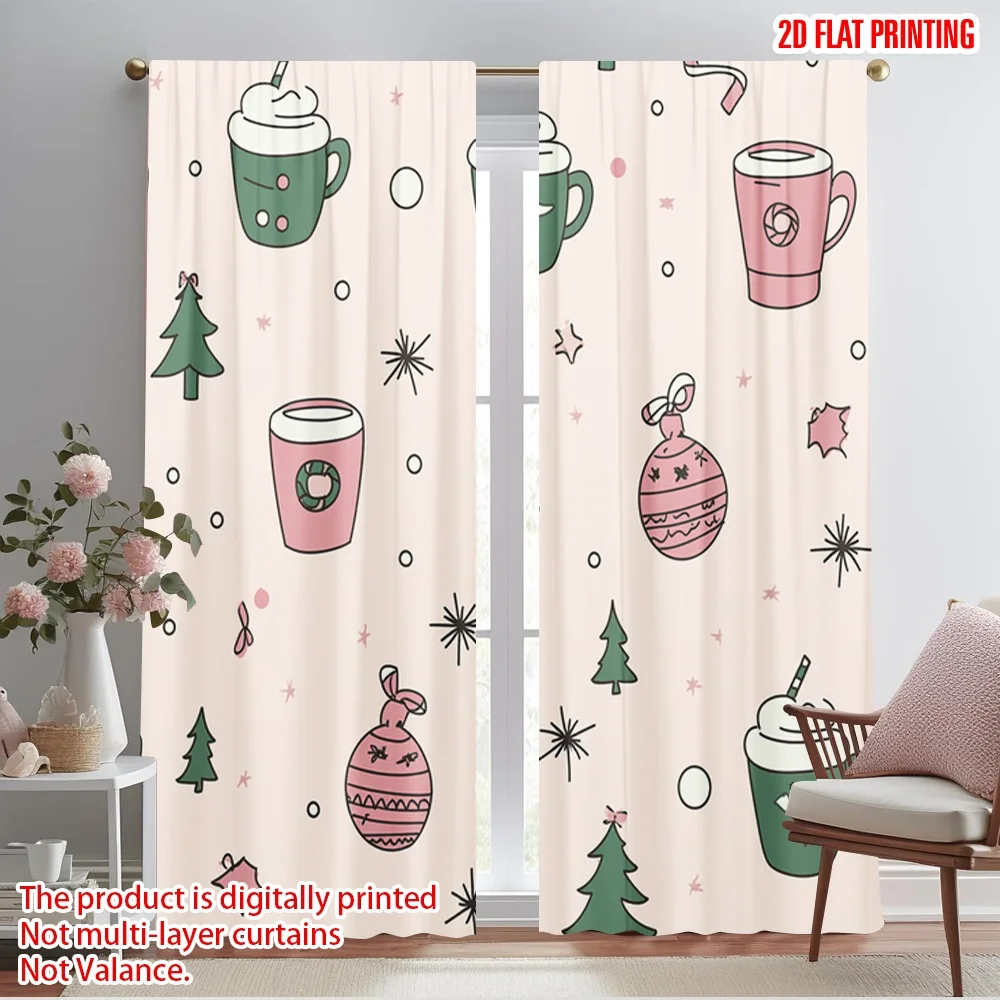 2pcs,2D plane printing Minimalist Curtains Cute Christmas Design_a (3) Polyester Fabric (without rod) Festive Use for Living