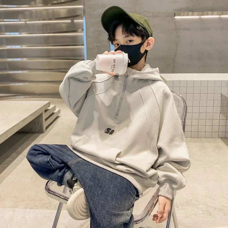 

Новинка 2025, толстовка с капюшоном средней длины для мальчиков, весна-осень и зима, на флисовой подкладке, с утолщенным капюшоном — модный уличный топ для мальчиков