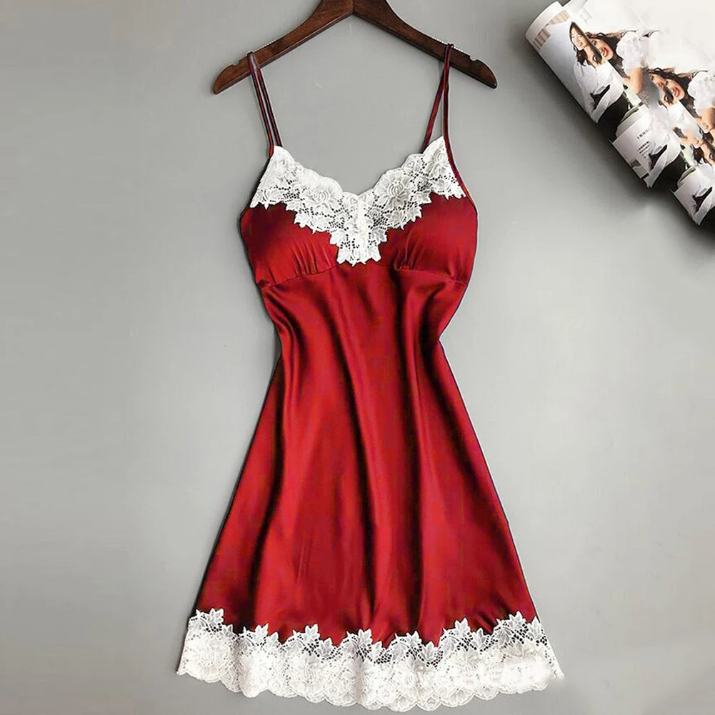 Nightgown Women Gown Sleepdress Sexy Lace Nighty Robe Spaghetti Strap Sleepwear Summer Silk Satin Nightdress Loungewear