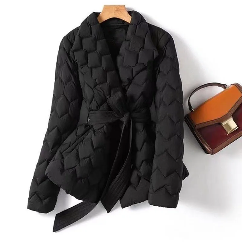 Doudoune légère avec ceinture pour femme, élégante, longue, en coton, duvet de canard blanc, Parka pour dames, manteaux d'hiver