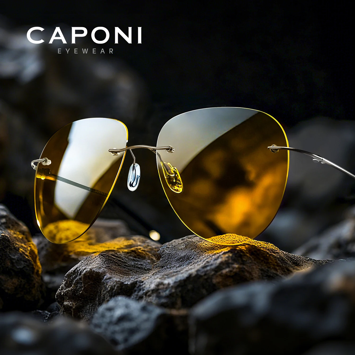 

CAPONI Pilot Night Vision Rimless Sunglasses Ultralight Night Driving Men Sun Glasses Photochromic Brown UV400 Glasses BSYS7466