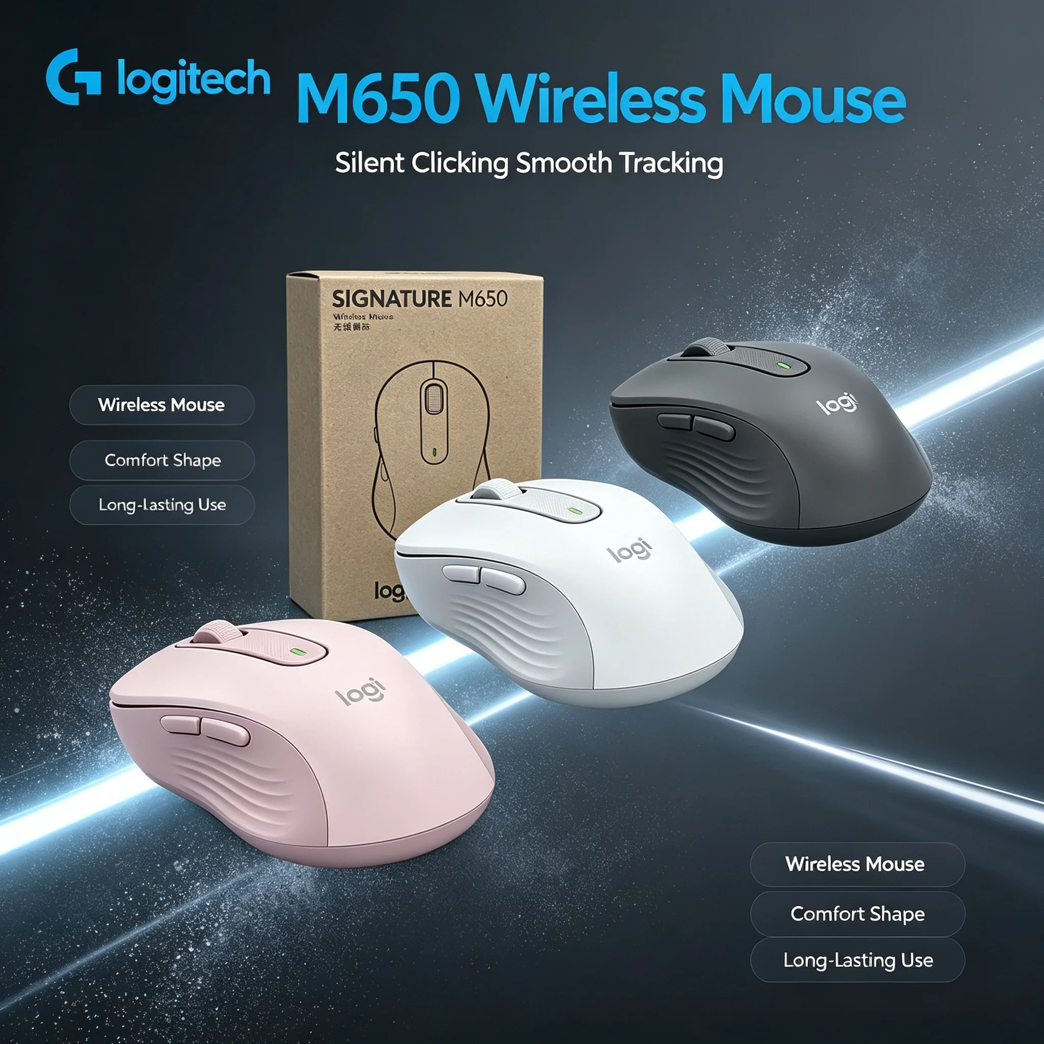 Logitech M650 Wireless Mouse Silent Click Ergonomic Palm‑Fit Design For Daily Business Work