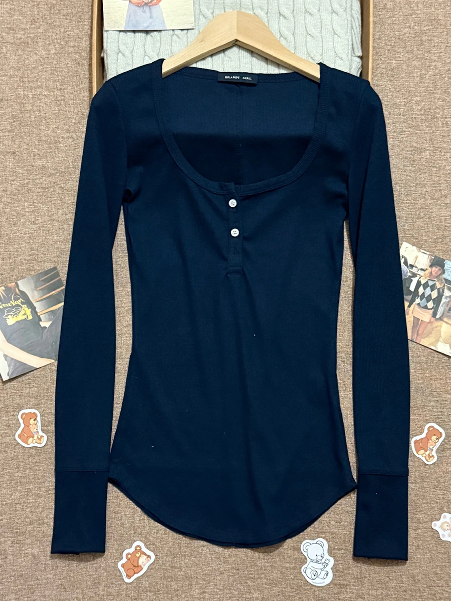 

Four Button Navy Henley Top Women Spring New Slim Basic Streetwear Cotton Long Sleeve Tees Vintage Chic All-match T-shirts