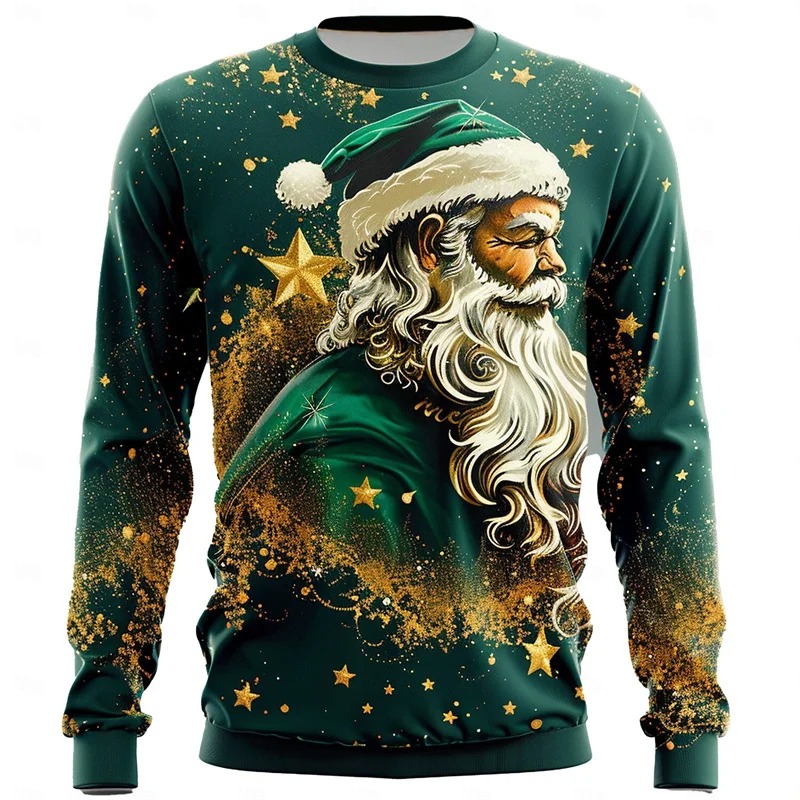 3D Printed Fun Christmas Sweatshirt For Men Music Motorcycle Santa Claus Pattern Pullover Casual Round Neck Long Sleeve Hoodies