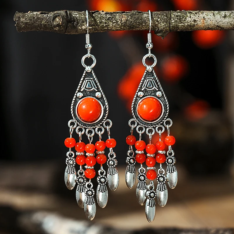 Vintage Ethnic Crystal Bead Water Drop Tassel Earrings for Women Elegant Handmade Silver Color Dangle Earring Female Jewelry