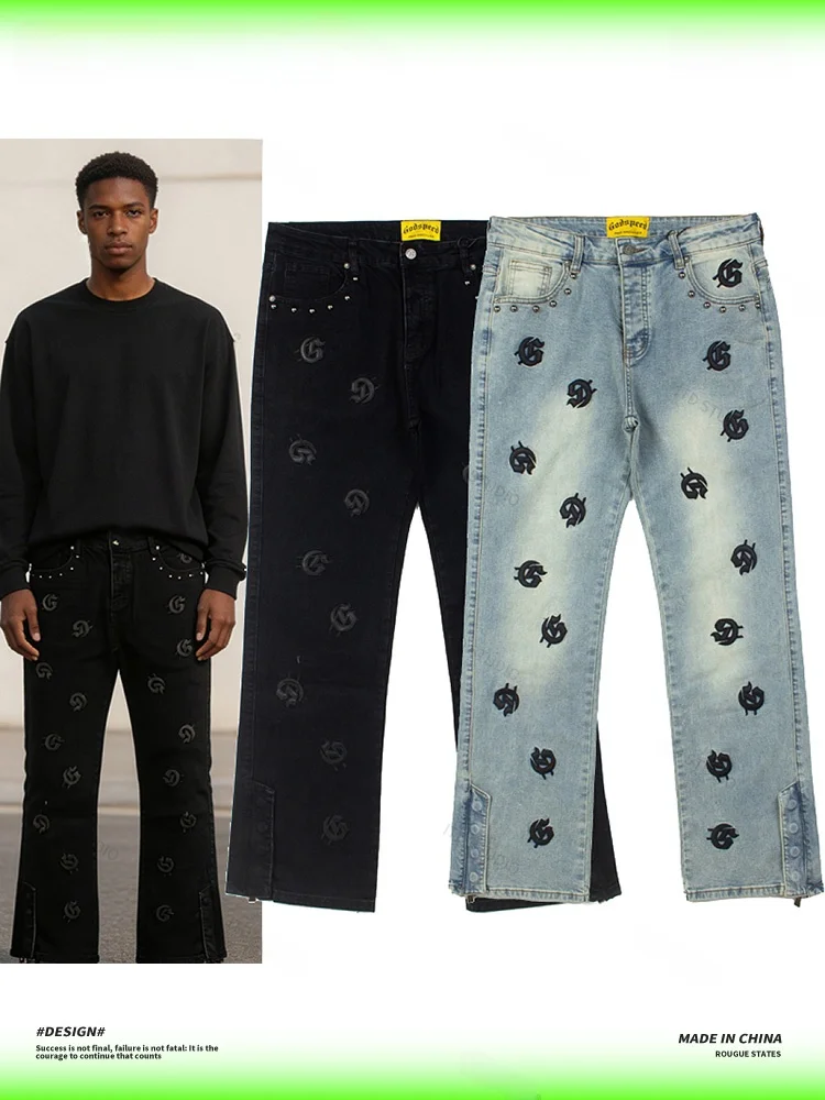 Godspeed Series Men's Loose Fit High Street Washed Micro Flare Denim Jeans Embroidered Patchwork Casual Wear Youth Jeans