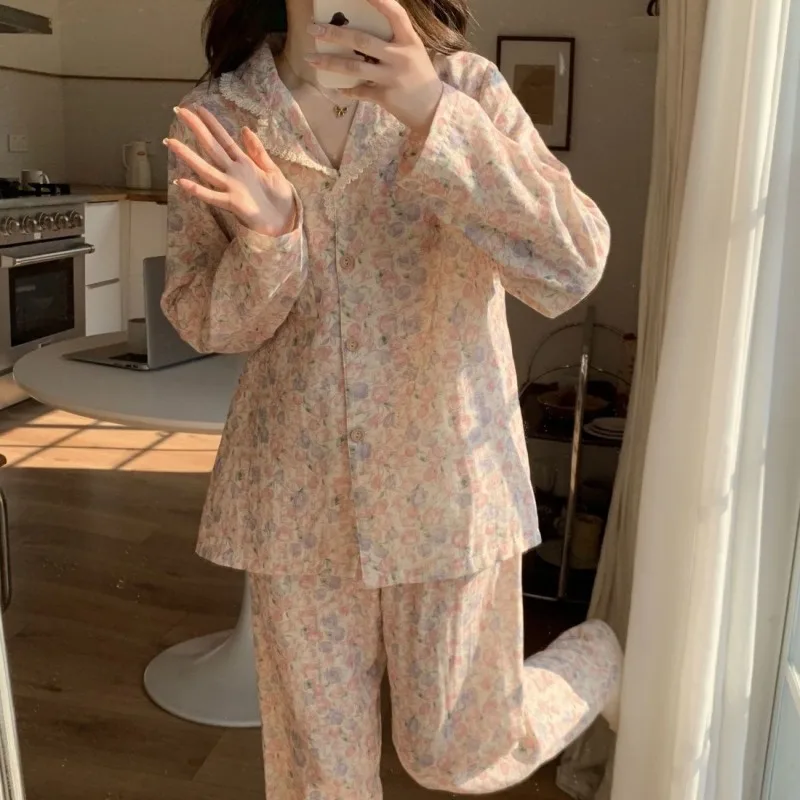 

Pure Cotton Spring Autumn Double-layer Long-sleeved Loose Pajamas, Women's Cardigan Sweet Floral Print Wear New Long Pants Set