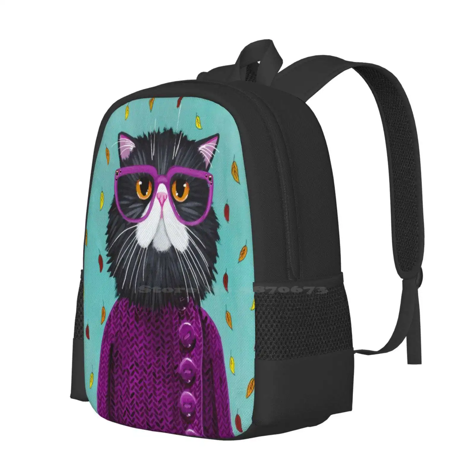 Cat'S New Autumn Coat Fashion Pattern Design Travel Laptop School Backpack Bag Original Folk Art Autumn Kitty Cat In Glasses