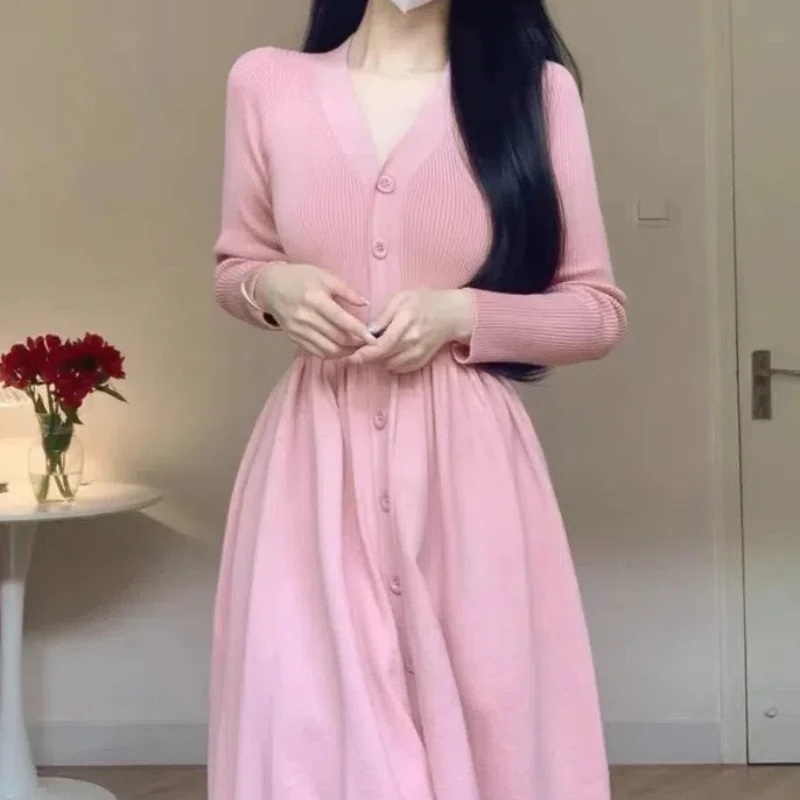 Autumn Winter Knit Pink V-Neck Single Breasted Dress Long Sleeve Solid Colour Women\'s Cinched Waist in Vestidos Largos