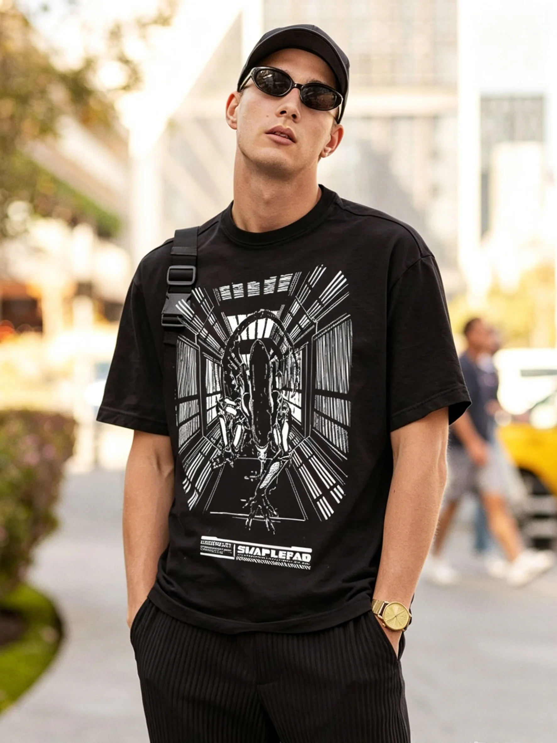 Monstera - Sci-Fi-T-Shirt mit Alien-Raumschiff-Invasion-Motiv, kurzärmelig, aus Baumwolle,