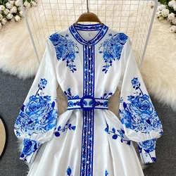 Vintage Print Dress Elegant Court Style Standing Neck Lantern Sleeve Single Breasted Flower Party Dress 2023  Vestidos