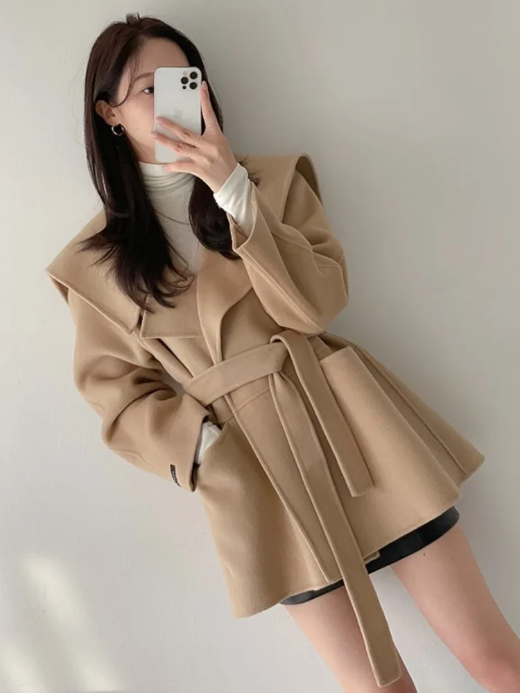 

JL Korean Sle Vintage Faionable Lapel Coat Women's ort Woolen Jaet with Belt Pure Color Commute Autumn Spring