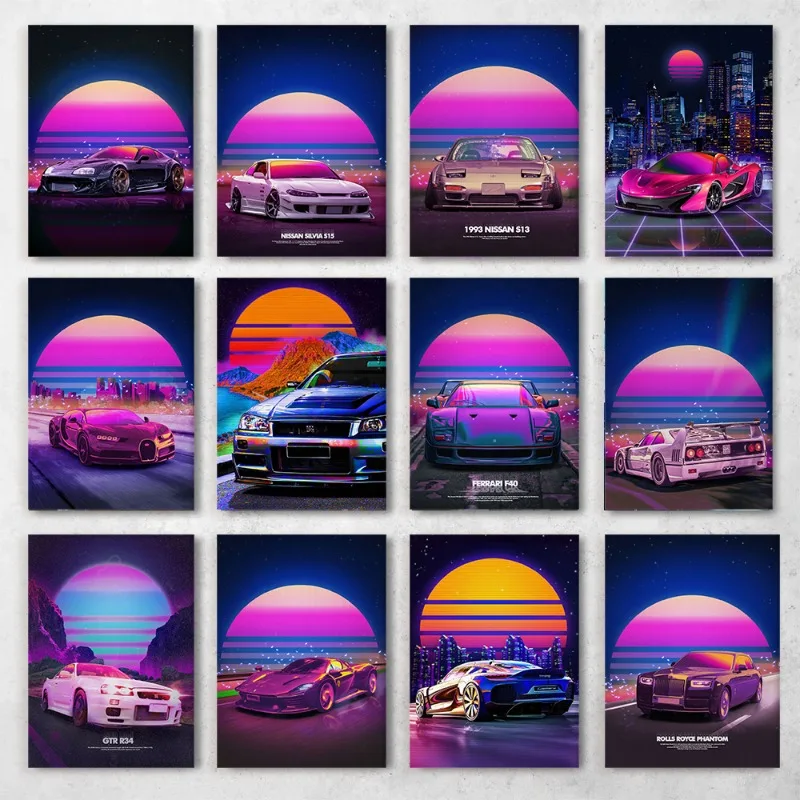 80S Neon Street Synthwave Outrun Cars Poster Vintage Outrun Cars Wall Art Canvas Painting Print for Living Room Home Decoration