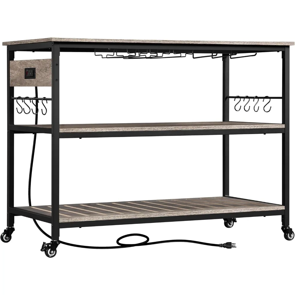 Kitchen Cart with Power Outlet, Rolling Kitchen Island on Wheels with Glass Holder & Hooks for Small Space, Trolley C