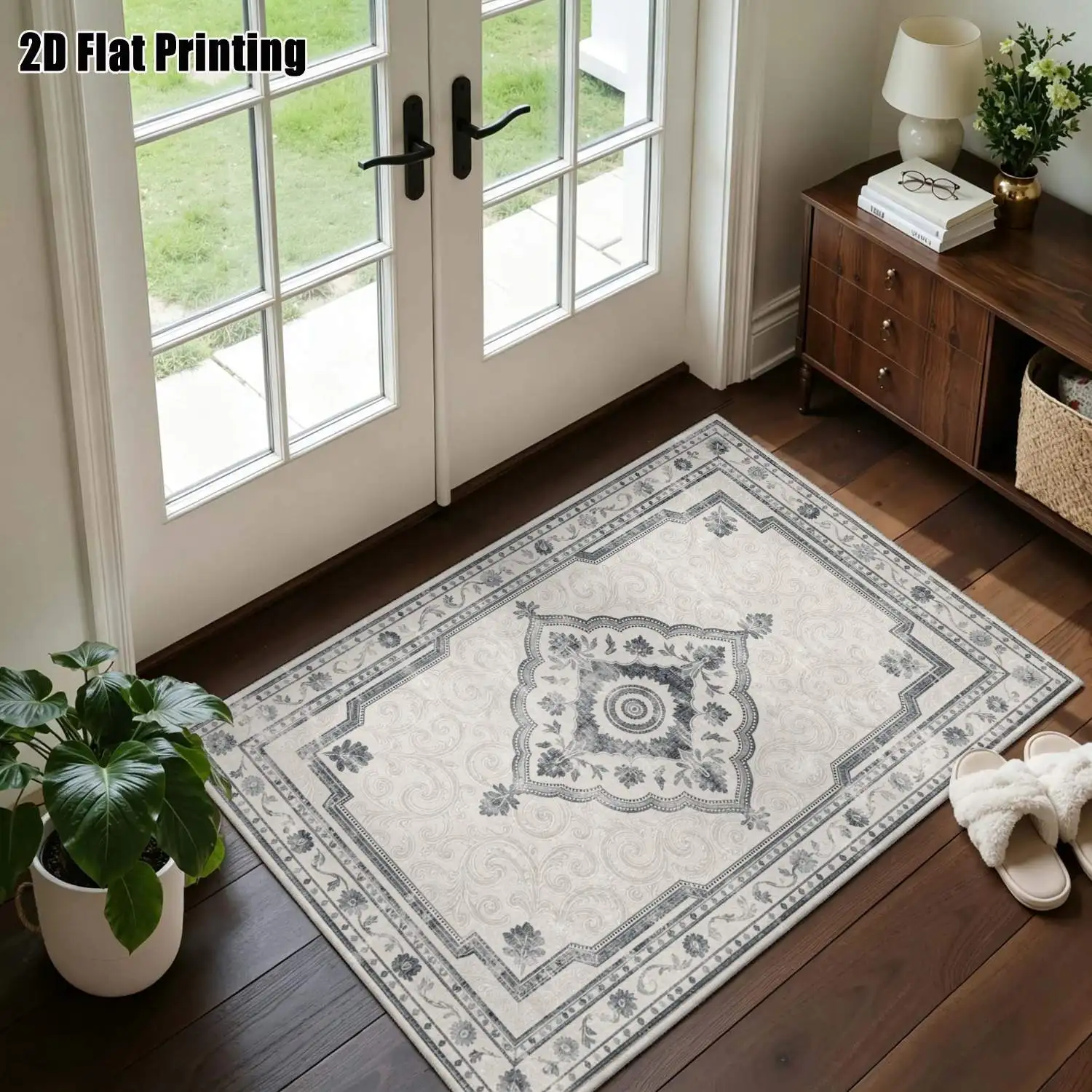 1Pc 2D Printed Carpet: Blue-Grey Floral & Geometric Patterns, for European/Vintage Decor Multiple Sizes, Machine Washable, Ideal for Entryway, Dining Room, Foyer, Bedroom, Living Room.