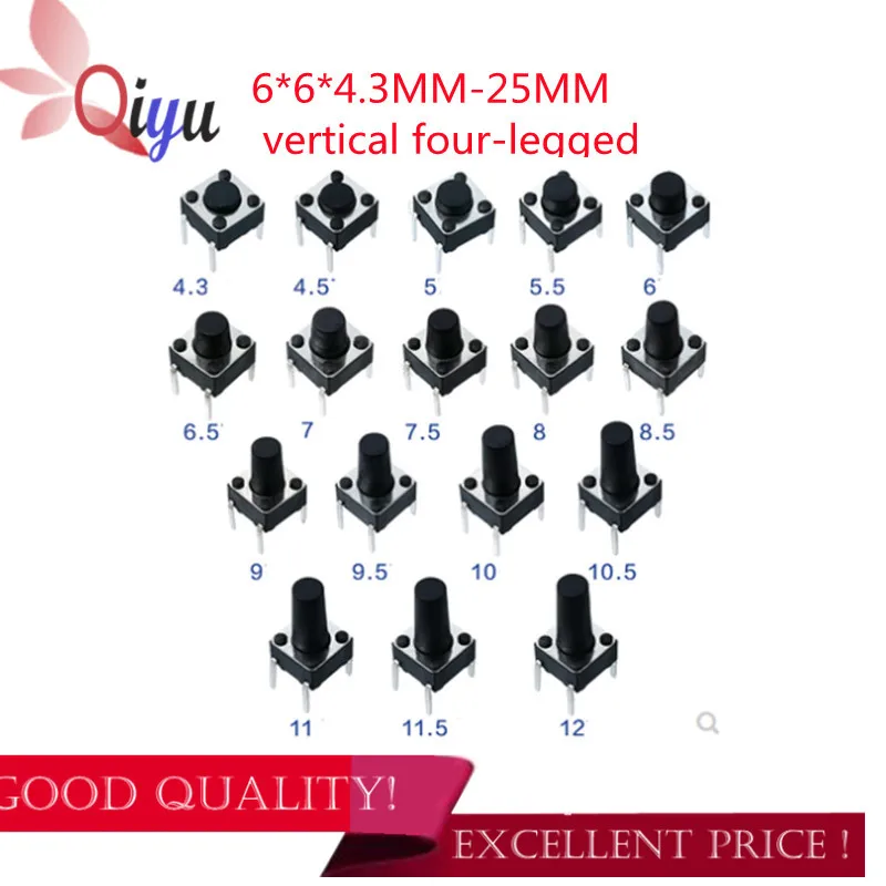 20pcs 6x6mm Panel PCB Momentary Tactile Tact Mini Push Button Switch DIP 4pin 6x6x4.3/5/6/7.3-25 MM 6*6*4.3MM/ 5/ 6/ 7/ 8 - 25MM